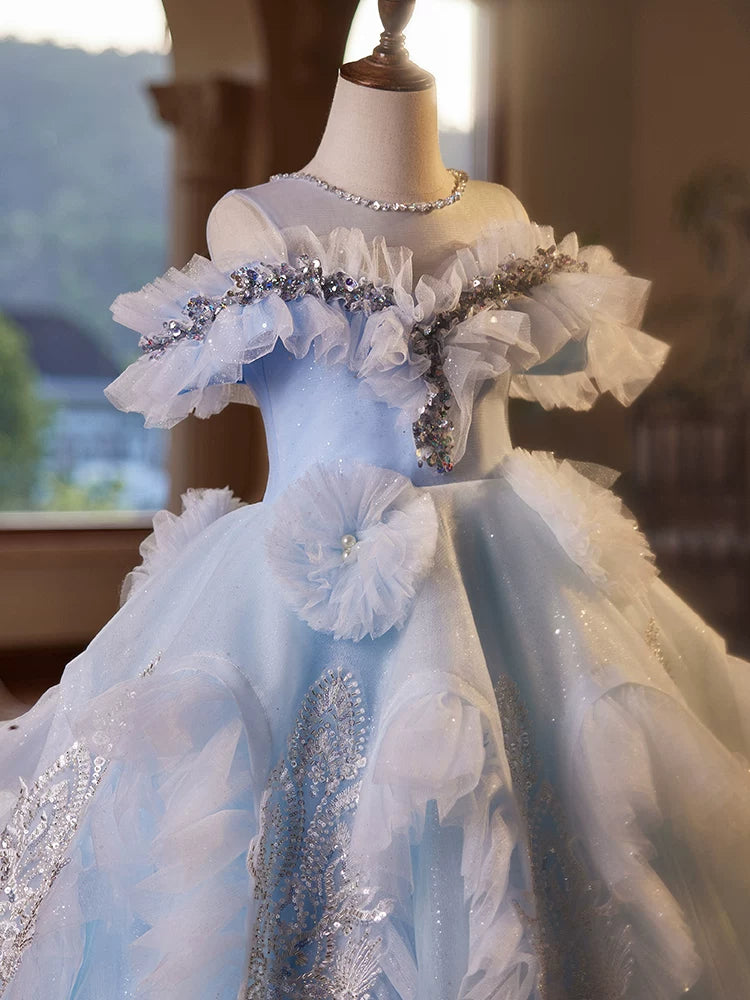 Light Blue Sequin Tulle A-line Maxi Dress for Girls – Special Occasion & Flower Girl Gown