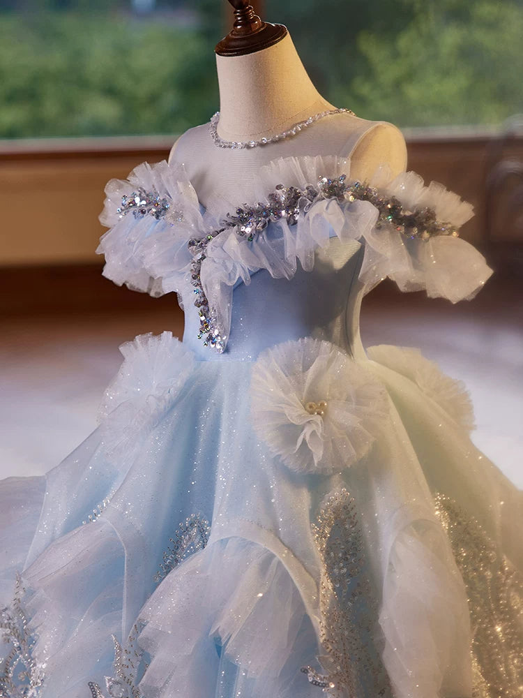 Light Blue Sequin Tulle A-line Maxi Dress for Girls – Special Occasion & Flower Girl Gown