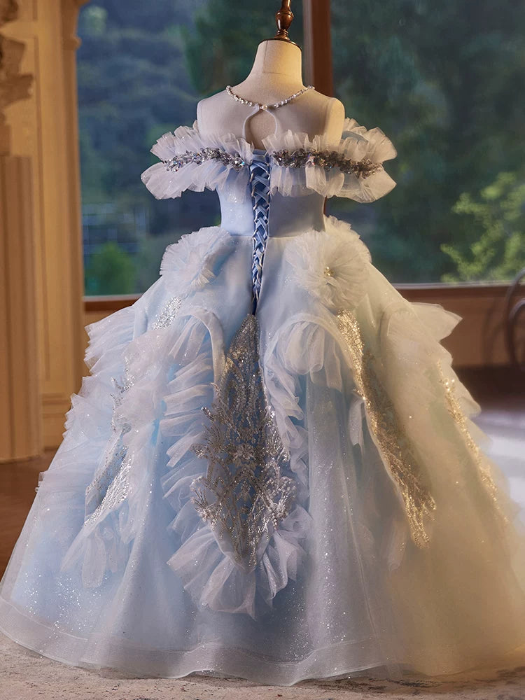 Light Blue Sequin Tulle A-line Maxi Dress for Girls – Special Occasion & Flower Girl Gown