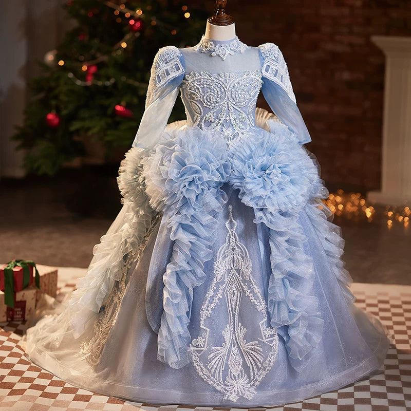 Girls Light Blue Maxi Mesh Dress with Sequins & Flowers – Formal & Celebration Wear