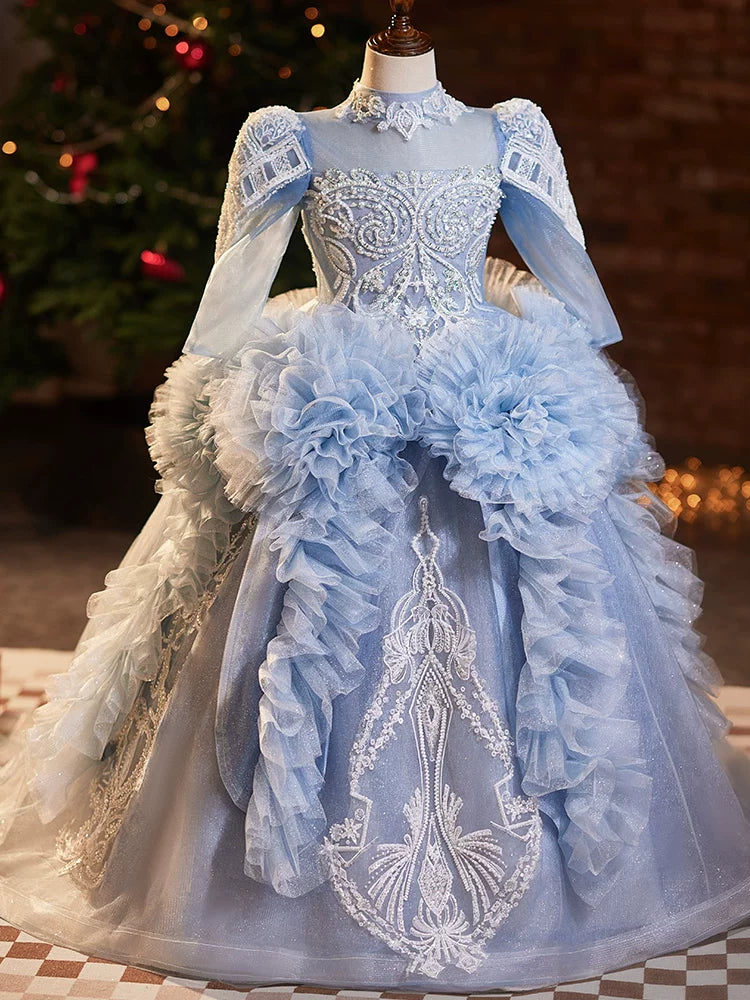 Girls Light Blue Maxi Mesh Dress with Sequins & Flowers – Formal & Celebration Wear