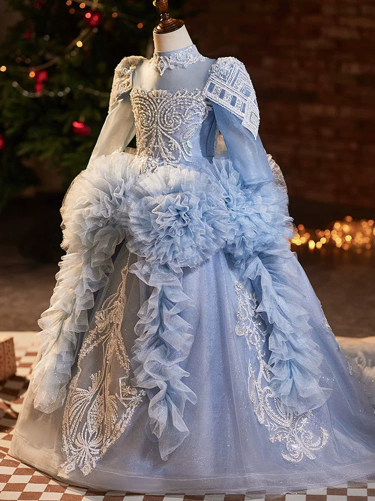 Girls Light Blue Maxi Mesh Dress with Sequins & Flowers – Formal & Celebration Wear