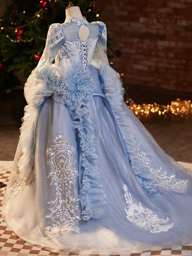 Girls Light Blue Maxi Mesh Dress with Sequins & Flowers – Formal & Celebration Wear