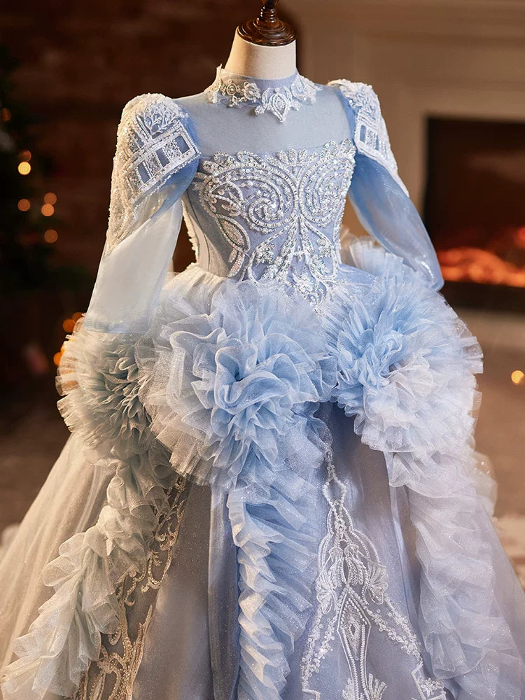 Girls Light Blue Maxi Mesh Dress with Sequins & Flowers – Formal & Celebration Wear
