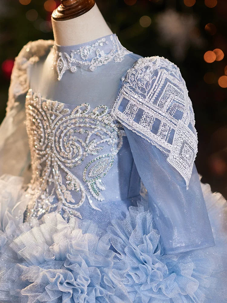 Girls Light Blue Maxi Mesh Dress with Sequins & Flowers – Formal & Celebration Wear