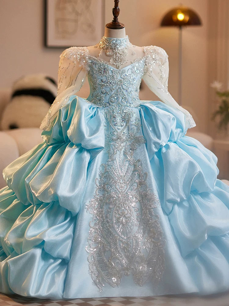 Cute Light Blue A-Line Girls Maxi Dress with Sequins & Tiers