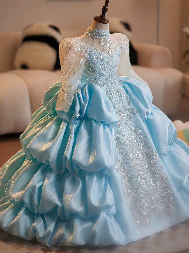 Cute Light Blue A-Line Girls Maxi Dress with Sequins & Tiers