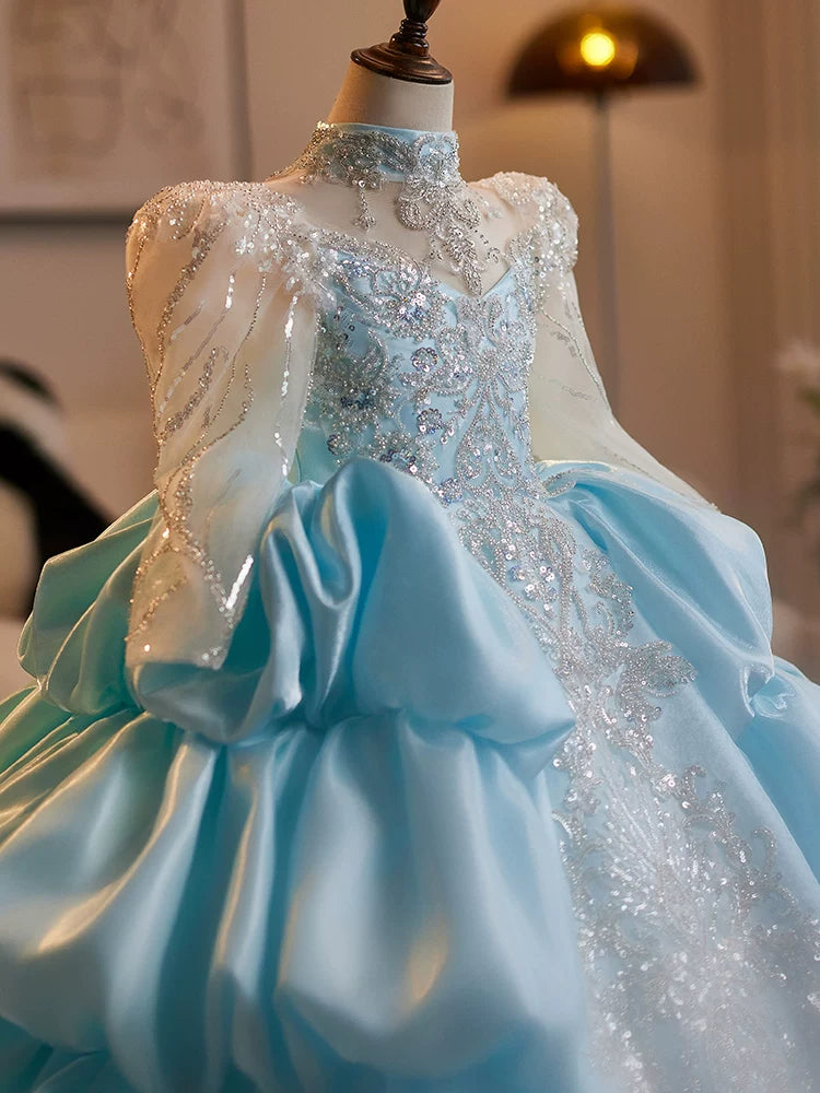 Cute Light Blue A-Line Girls Maxi Dress with Sequins & Tiers