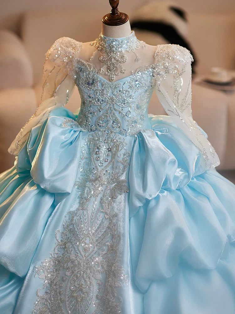 Cute Light Blue A-Line Girls Maxi Dress with Sequins & Tiers