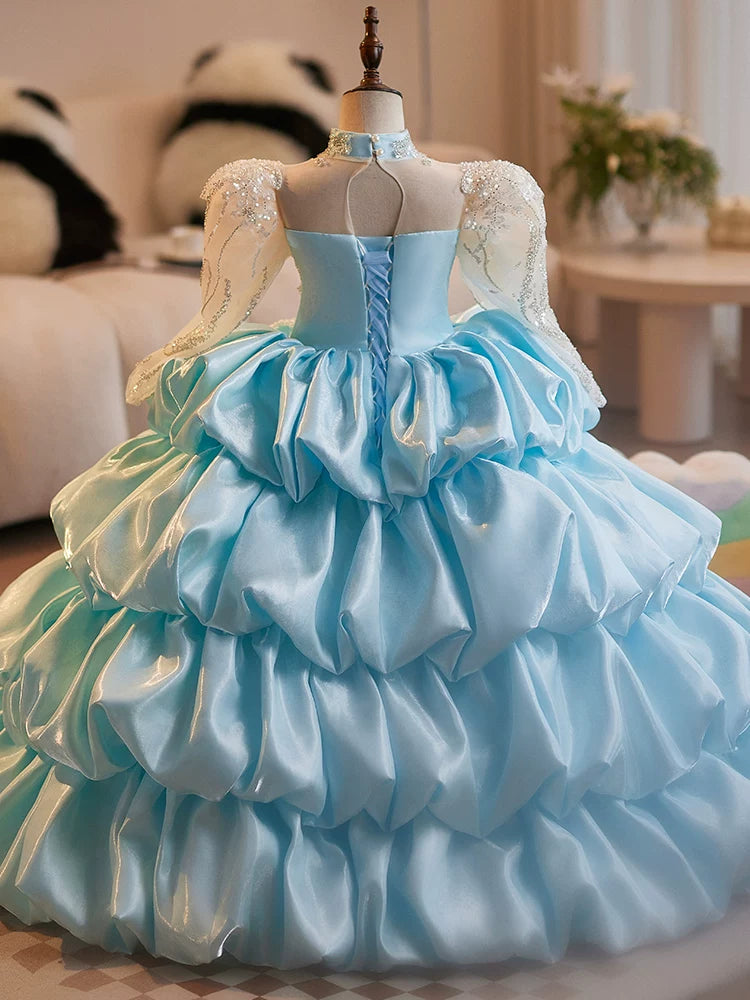 Cute Light Blue A-Line Girls Maxi Dress with Sequins & Tiers