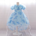 Light Blue Tulle A-Line High-Low Dress with Floral Print and Bowknot for Baby Girls