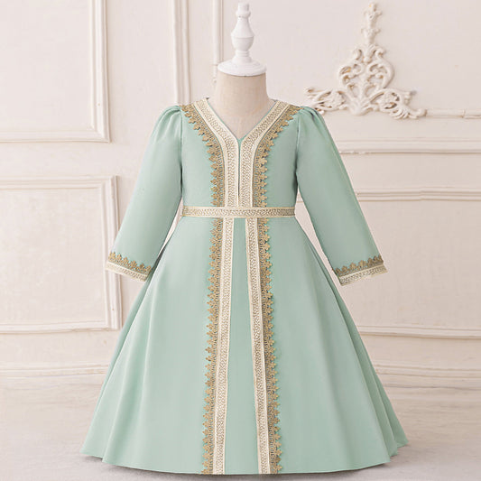 Light Green Lace A-Line Maxi Dress for Girls with V-Neck & Long Sleeves