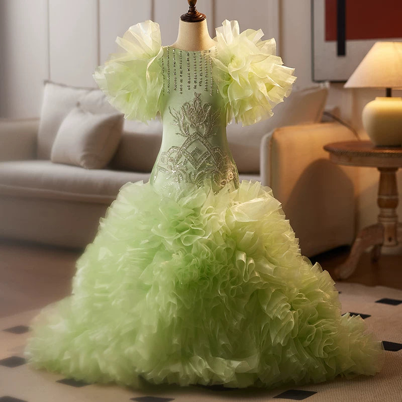 Light Green Mermaid Princess Maxi Dress for Girls with Train | Elegant Flower Girl & Party Gown