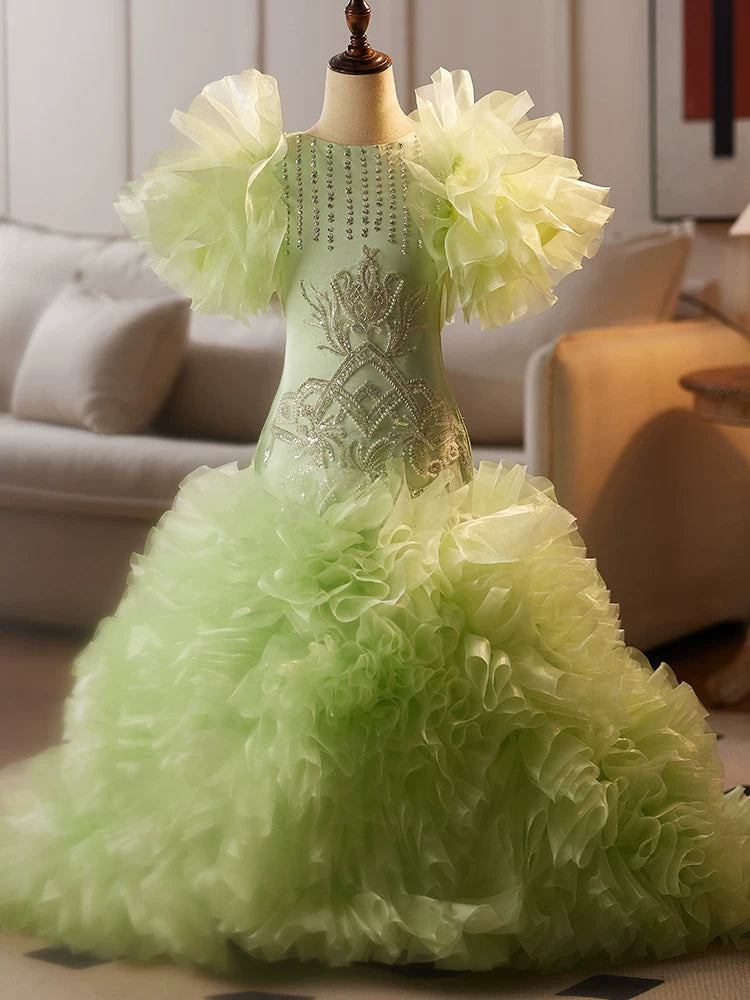 Light Green Mermaid Princess Maxi Dress for Girls with Train | Elegant Flower Girl & Party Gown