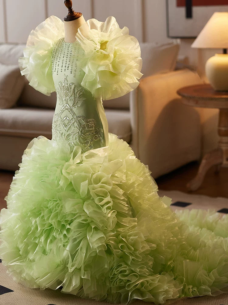 Light Green Mermaid Princess Maxi Dress for Girls with Train | Elegant Flower Girl & Party Gown