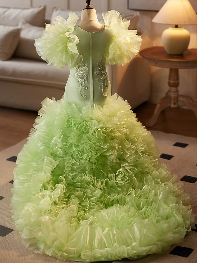Light Green Mermaid Princess Maxi Dress for Girls with Train | Elegant Flower Girl & Party Gown