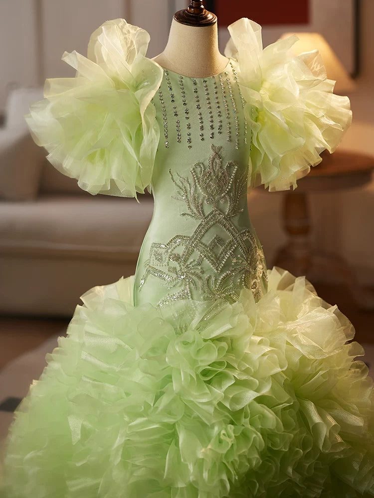 Light Green Mermaid Princess Maxi Dress for Girls with Train | Elegant Flower Girl & Party Gown