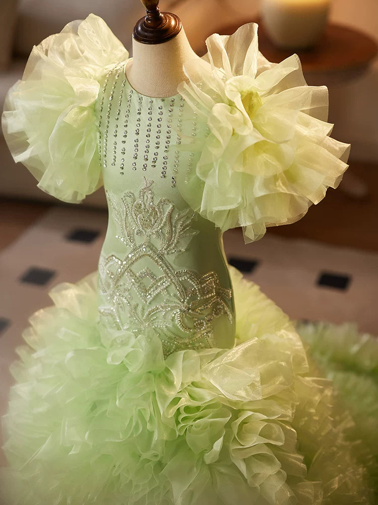 Light Green Mermaid Princess Maxi Dress for Girls with Train | Elegant Flower Girl & Party Gown