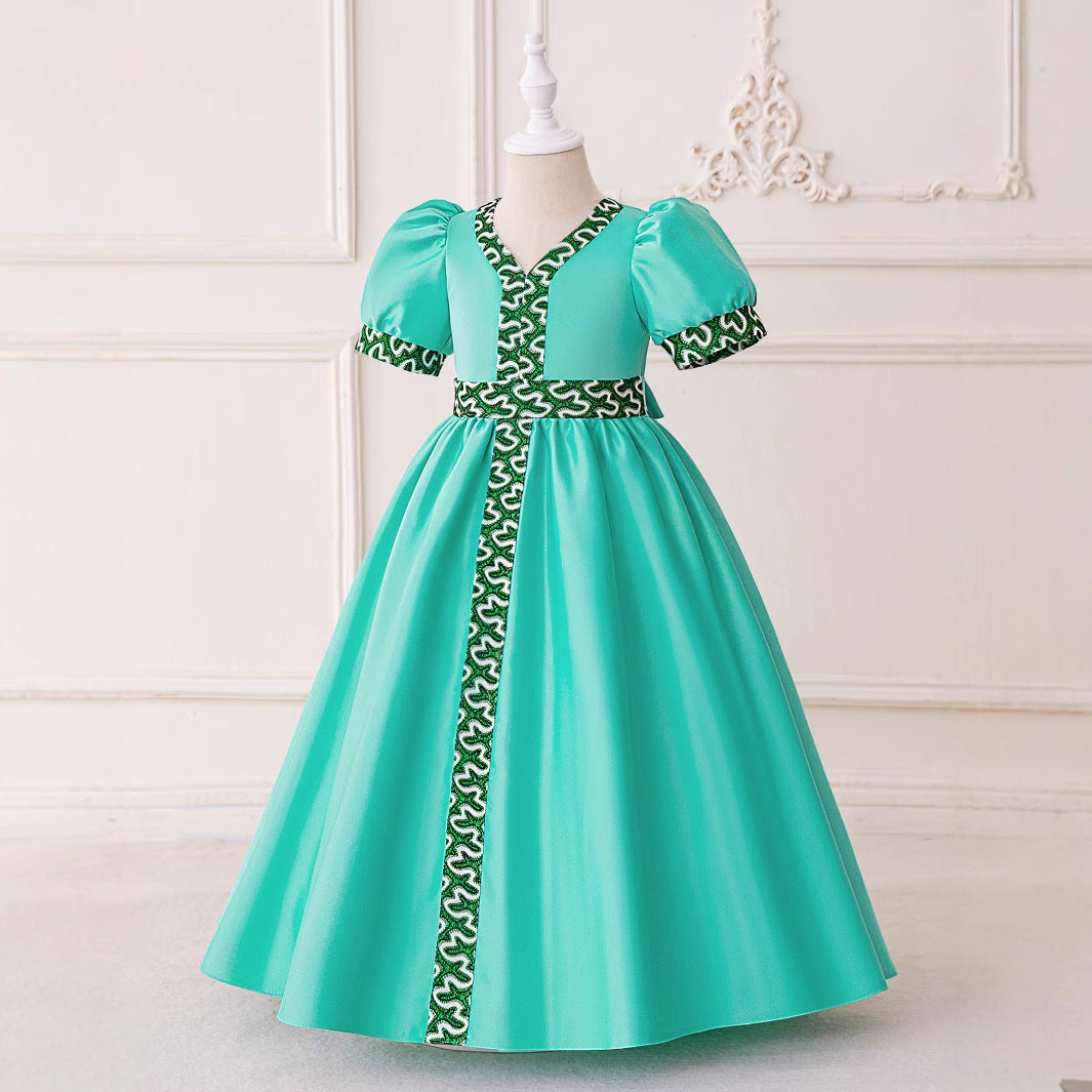 Cute Light Green A-Line Puff Sleeve Maxi Dress for Girls 3-8Y | Party, Wedding & Events