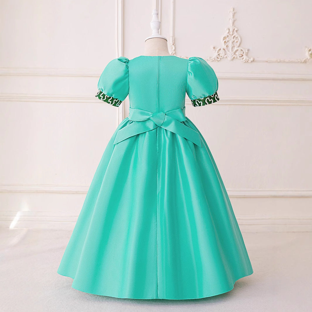 Cute Light Green A-Line Puff Sleeve Maxi Dress for Girls 3-8Y | Party, Wedding & Events