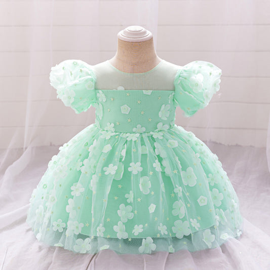 Light Green Ball Gown with Puff Sleeves for Girls | Cute Princess Tea-Length Dress