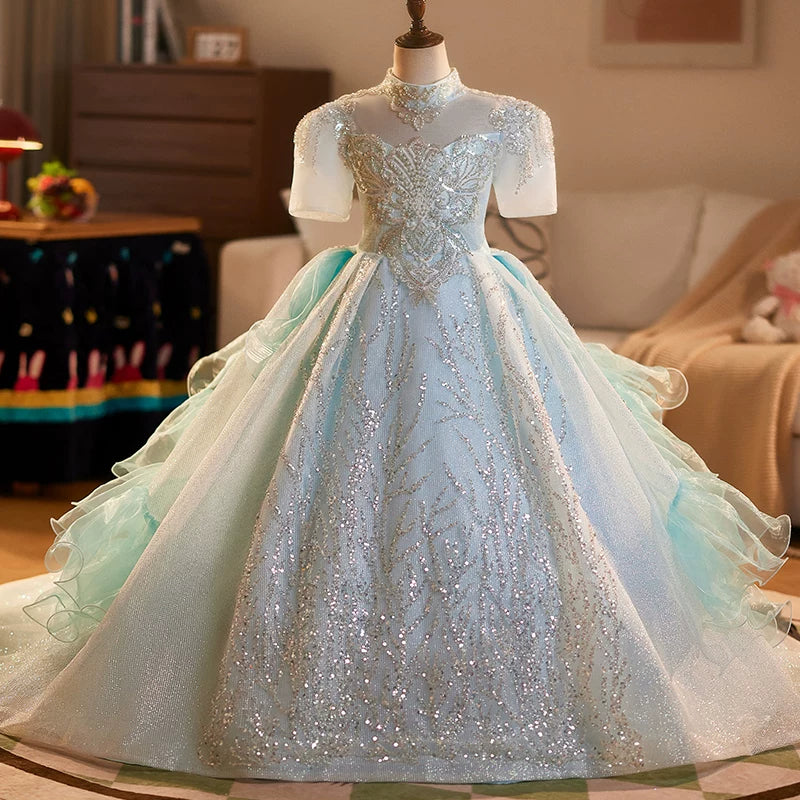 Light Green Sequin Flower Girl Maxi Dress for Parties & Weddings – Cute A-Line Tulle Children's Gown