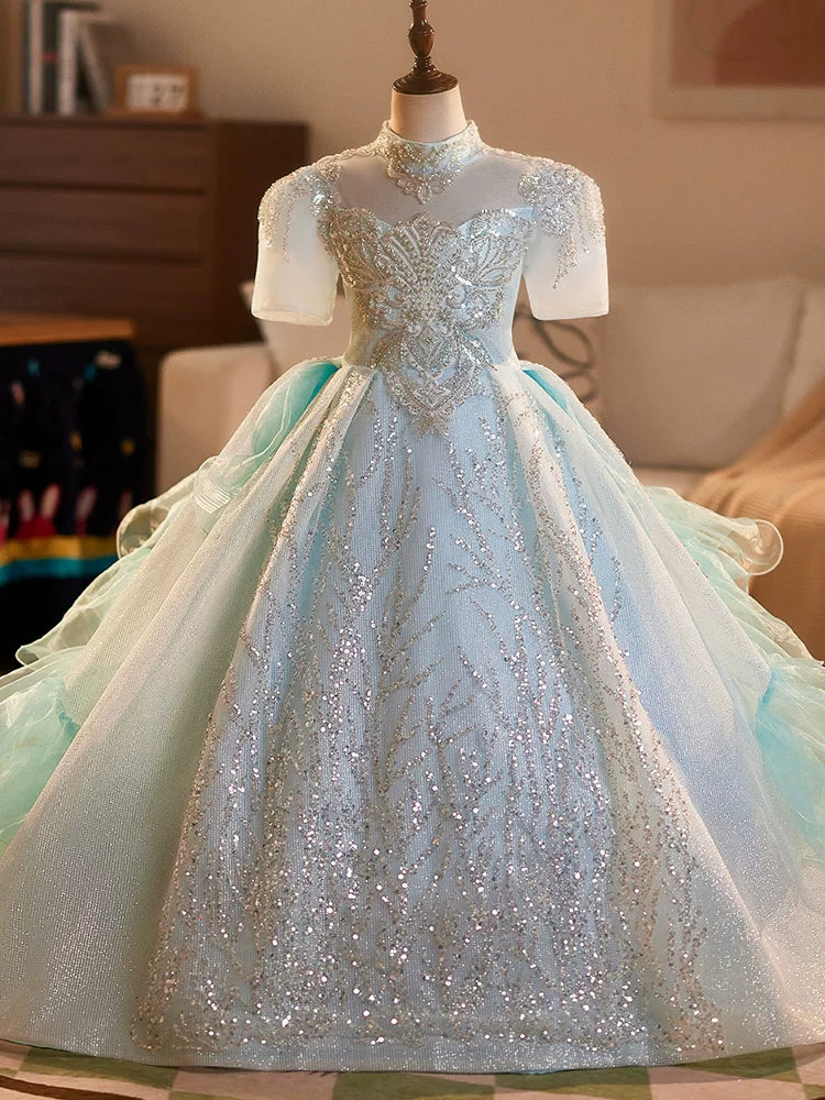 Light Green Sequin Flower Girl Maxi Dress for Parties & Weddings – Cute A-Line Tulle Children's Gown