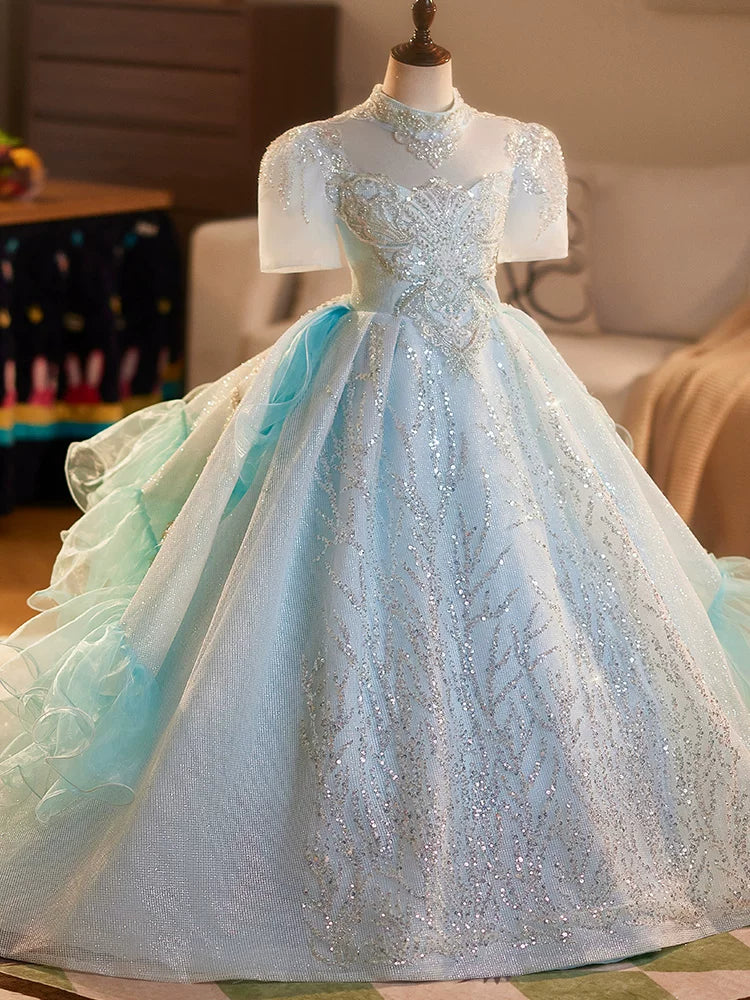 Light Green Sequin Flower Girl Maxi Dress for Parties & Weddings – Cute A-Line Tulle Children's Gown