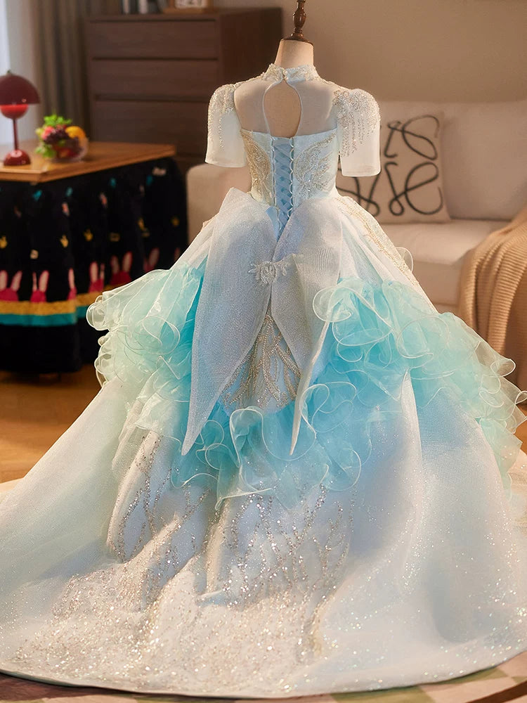 Light Green Sequin Flower Girl Maxi Dress for Parties & Weddings – Cute A-Line Tulle Children's Gown