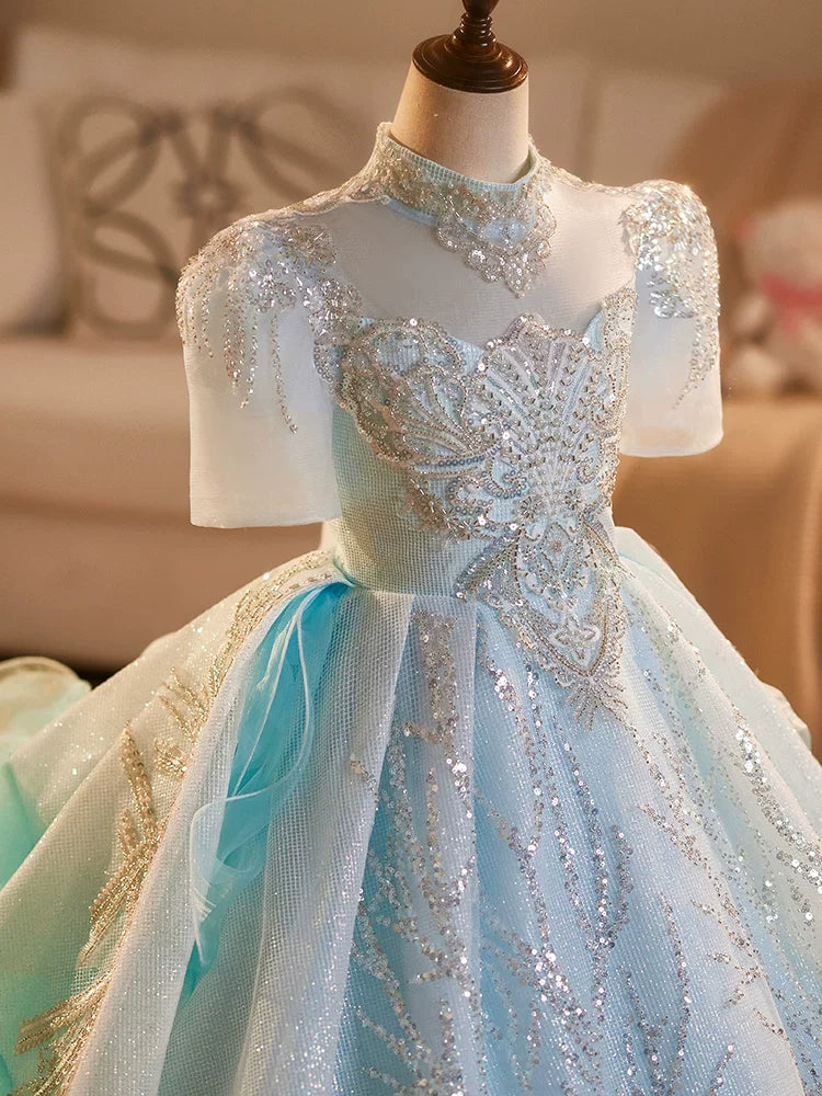 Light Green Sequin Flower Girl Maxi Dress for Parties & Weddings – Cute A-Line Tulle Children's Gown