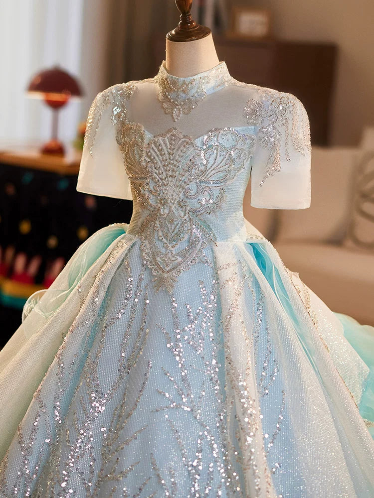 Light Green Sequin Flower Girl Maxi Dress for Parties & Weddings – Cute A-Line Tulle Children's Gown