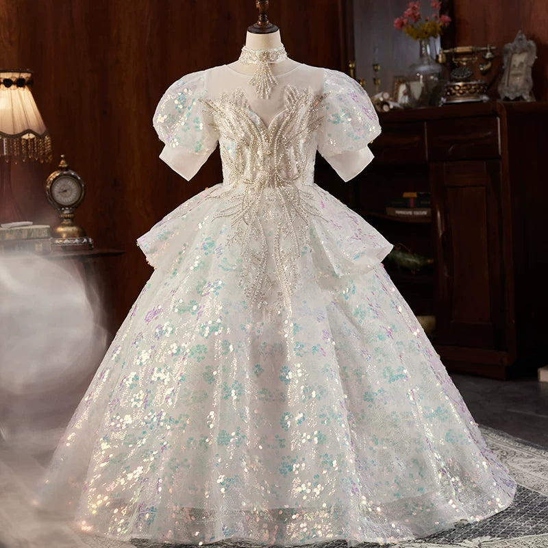 Adorable Light Green Sequin Maxi Dress for Girls – Tiered & Illusion Neckline