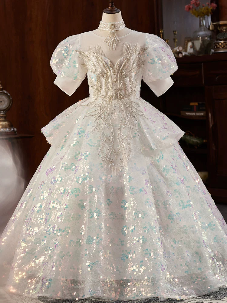 Adorable Light Green Sequin Maxi Dress for Girls – Tiered & Illusion Neckline