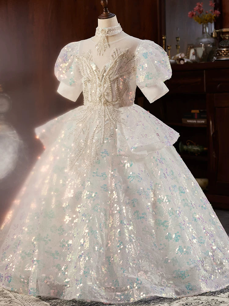 Adorable Light Green Sequin Maxi Dress for Girls – Tiered & Illusion Neckline