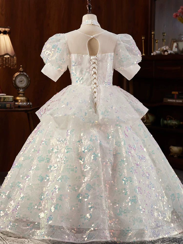 Adorable Light Green Sequin Maxi Dress for Girls – Tiered & Illusion Neckline