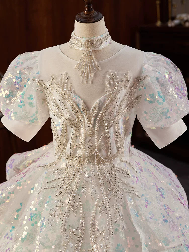 Adorable Light Green Sequin Maxi Dress for Girls – Tiered & Illusion Neckline