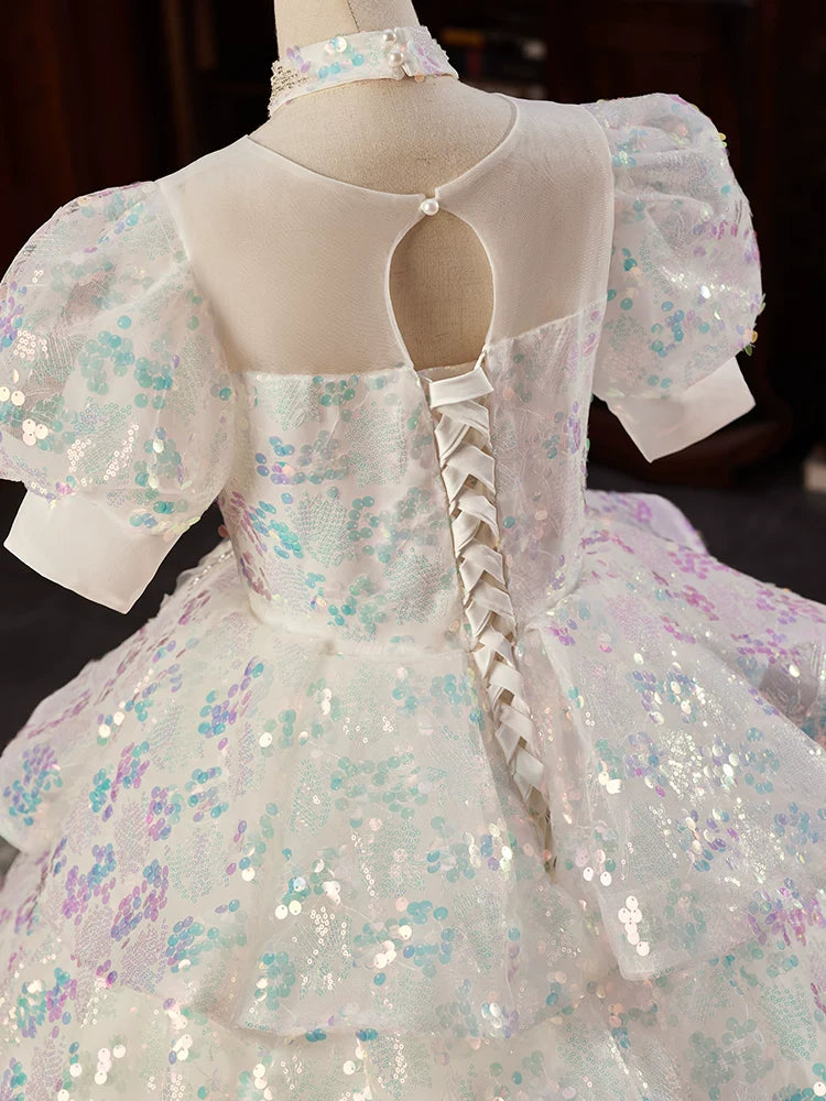 Adorable Light Green Sequin Maxi Dress for Girls – Tiered & Illusion Neckline