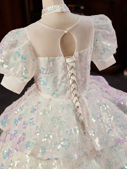 Adorable Light Green Sequin Maxi Dress for Girls – Tiered & Illusion Neckline