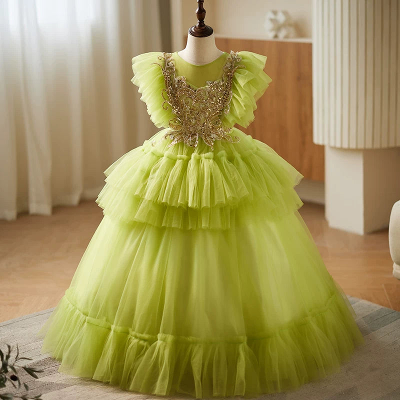 Cute Light Green Tiered Tulle Maxi Dress for Girls | Beaded Party Gown