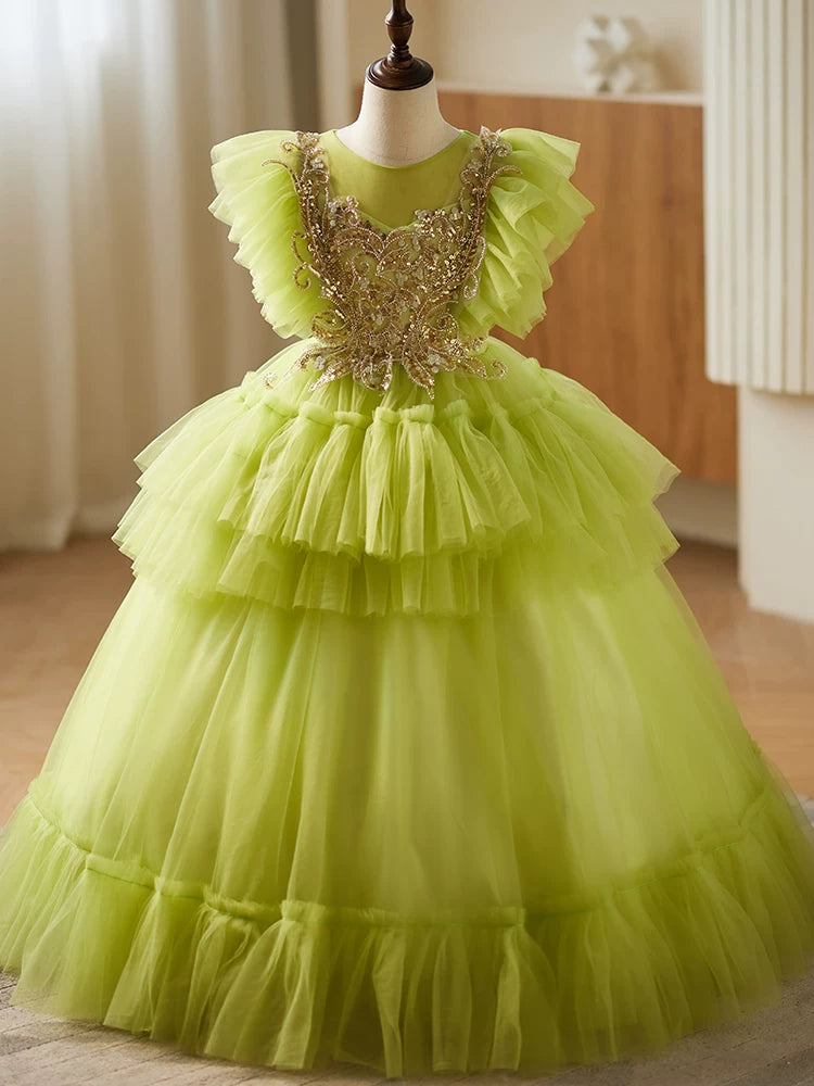 Cute Light Green Tiered Tulle Maxi Dress for Girls | Beaded Party Gown