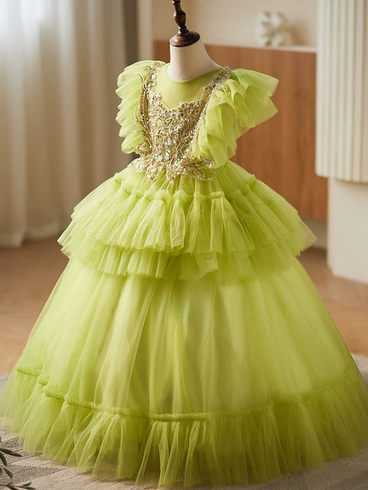 Cute Light Green Tiered Tulle Maxi Dress for Girls | Beaded Party Gown