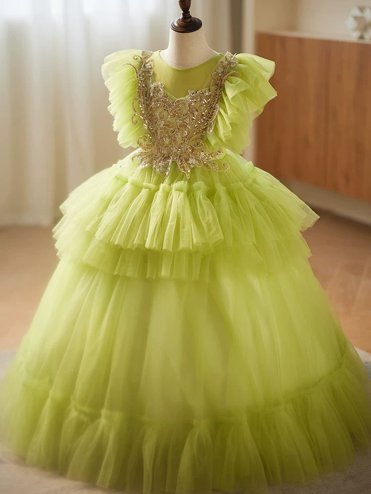 Cute Light Green Tiered Tulle Maxi Dress for Girls | Beaded Party Gown