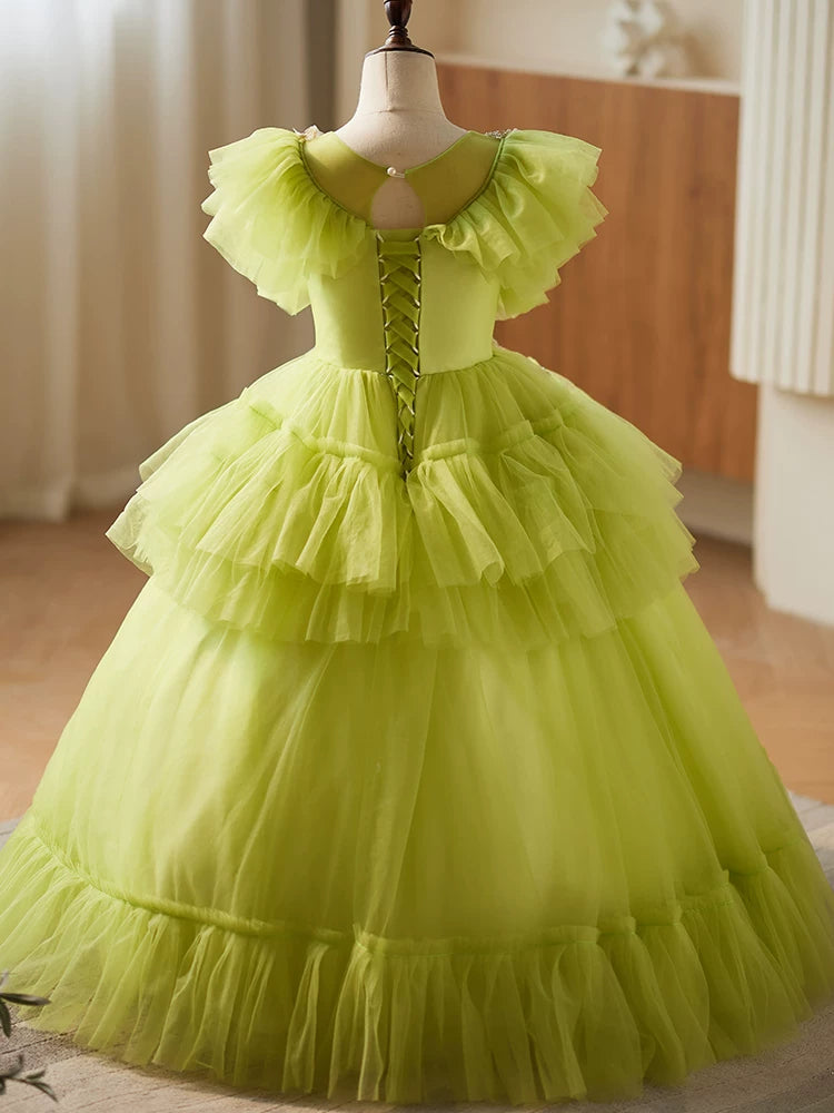 Cute Light Green Tiered Tulle Maxi Dress for Girls | Beaded Party Gown