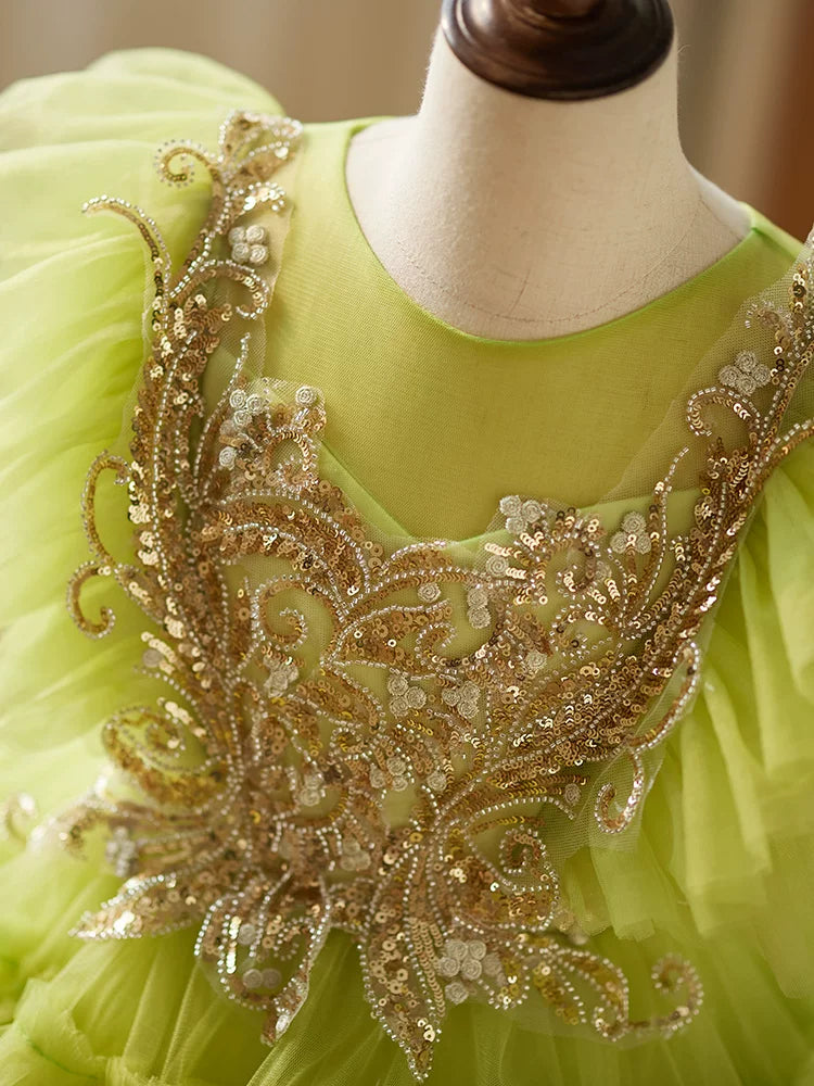 Cute Light Green Tiered Tulle Maxi Dress for Girls | Beaded Party Gown