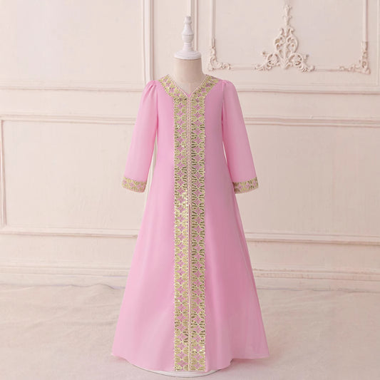 Light Pink Maxi Mesh Dress with Embroidery & Bow for Girls (Ages 3-8)