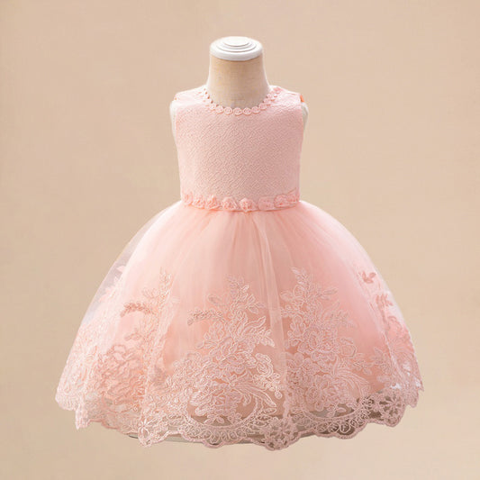 Light Pink Girls' Floral Tulle Princess Dress | A-line Tea Length Flower Girl Dress
