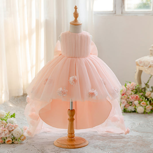 Cute High-Low Tulle Appliqué Dress with Bow for Girls – Light Pink Party & Wedding Gown