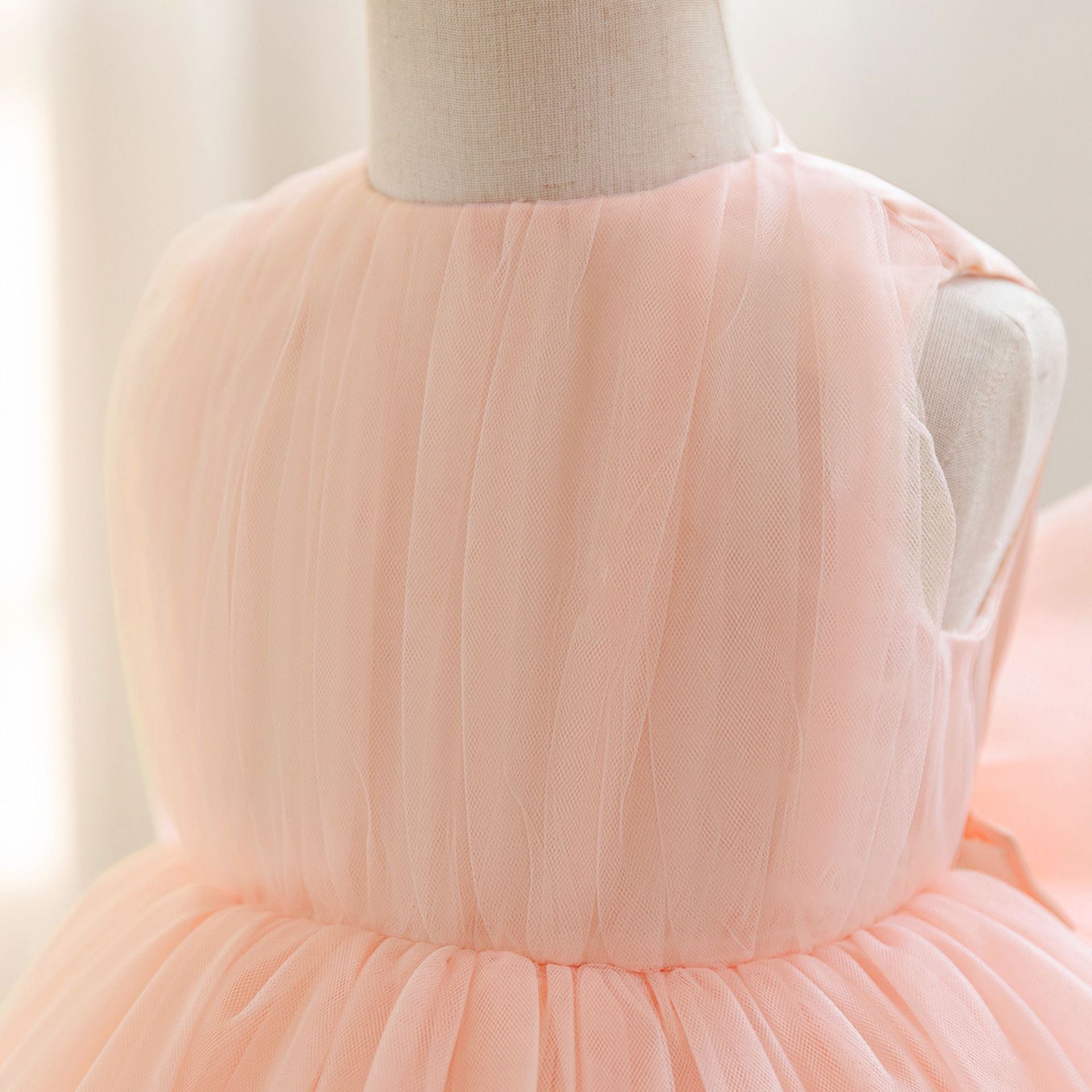 Cute High-Low Tulle Appliqué Dress with Bow for Girls – Light Pink Party & Wedding Gown