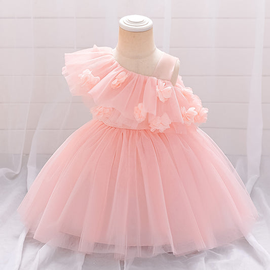 Cute Puffy Tulle Off-Shoulder Ball Gown Dress for Girls - Light Pink Tea-Length Party Dress