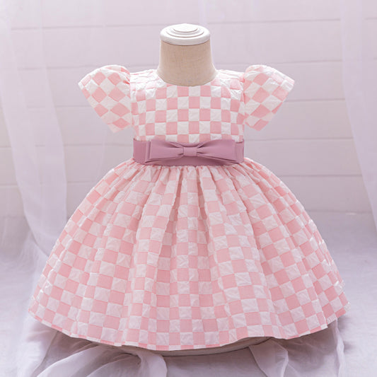 Light Pink A-Line Princess Puff Sleeve Dress for Girls – Party & Wedding Outfit